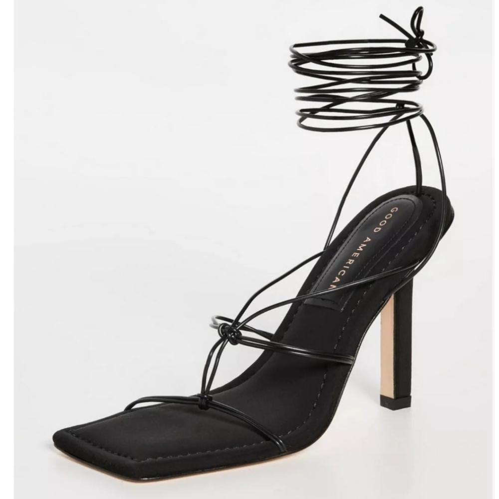 NWT Good American‎ Cage Slanted Sandals Neoprene Black Lace Up Heel Size 5 - Picture 5 of 15